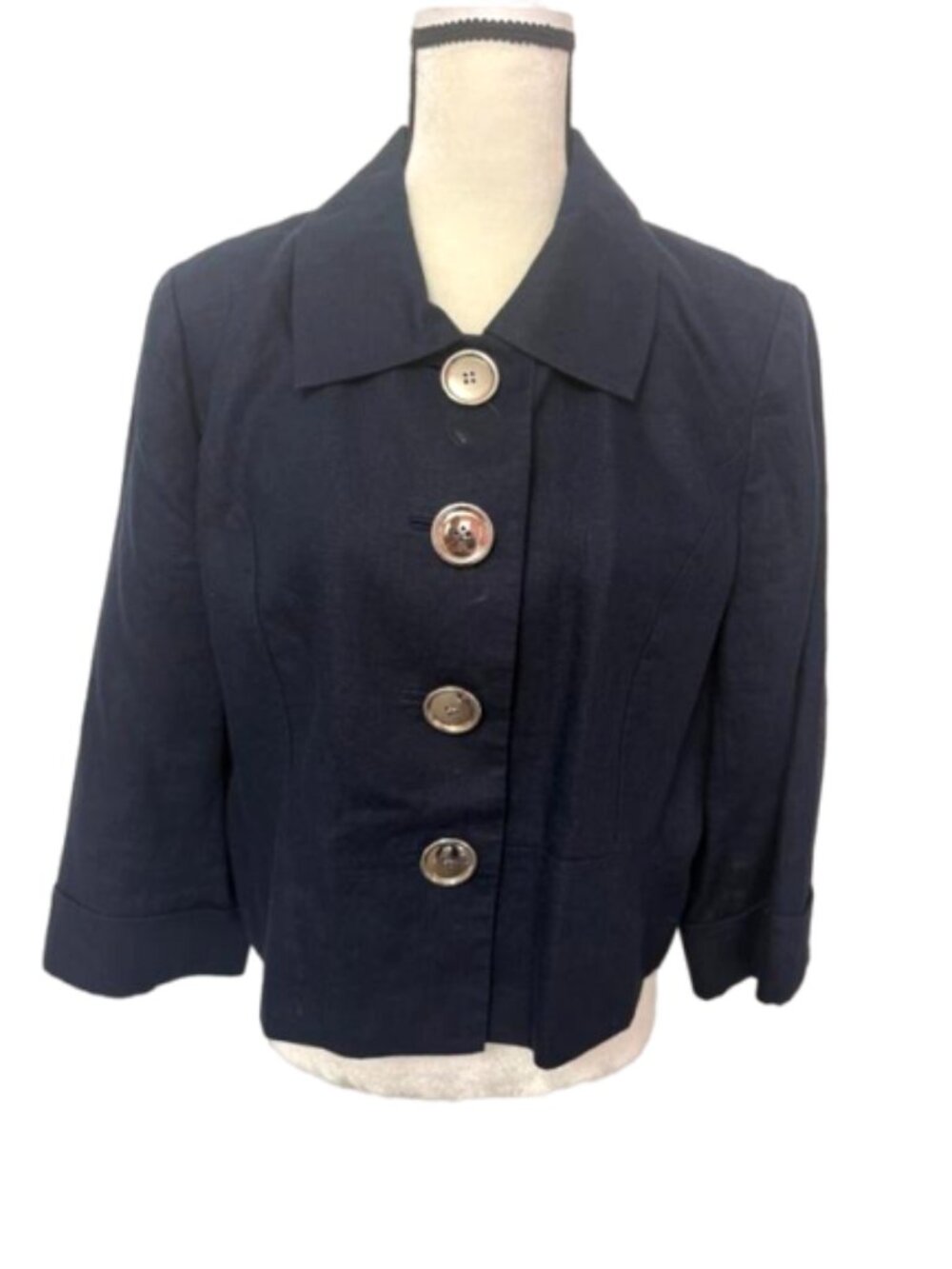 Anne Klein Navy Gold Button-Front Linen 3/4 Sleeve Blazer Sz 16 #2662